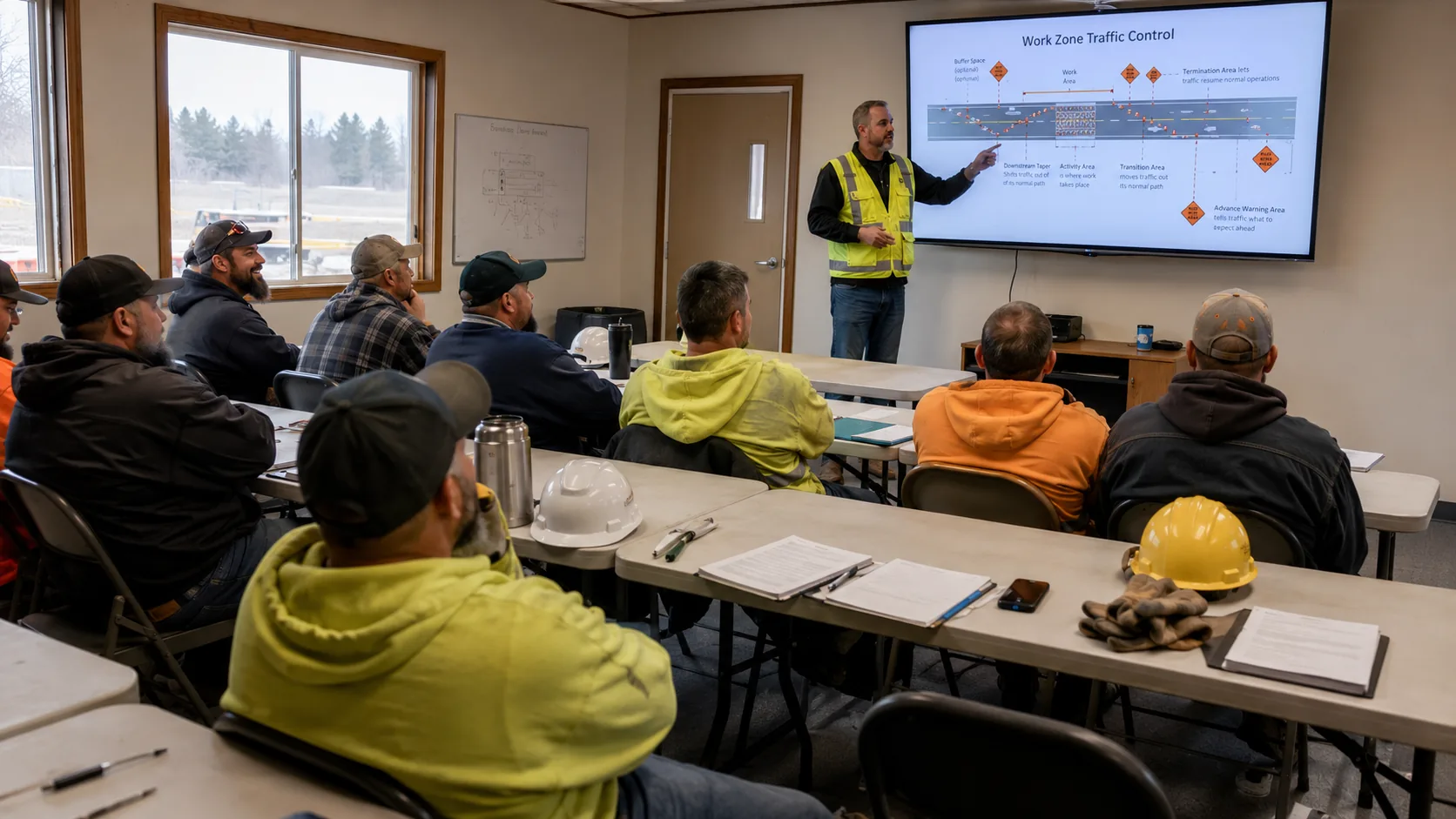 Instructor leading a classroom discussion with traffic-control trainees