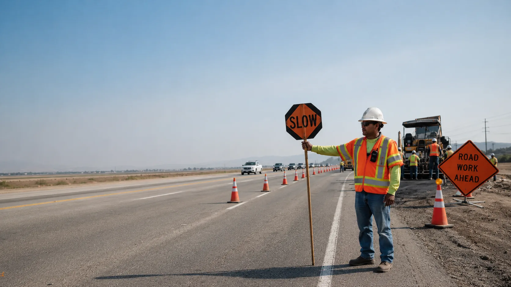 Roadside flagger holding a SLOW paddle beside a line of traffic cones