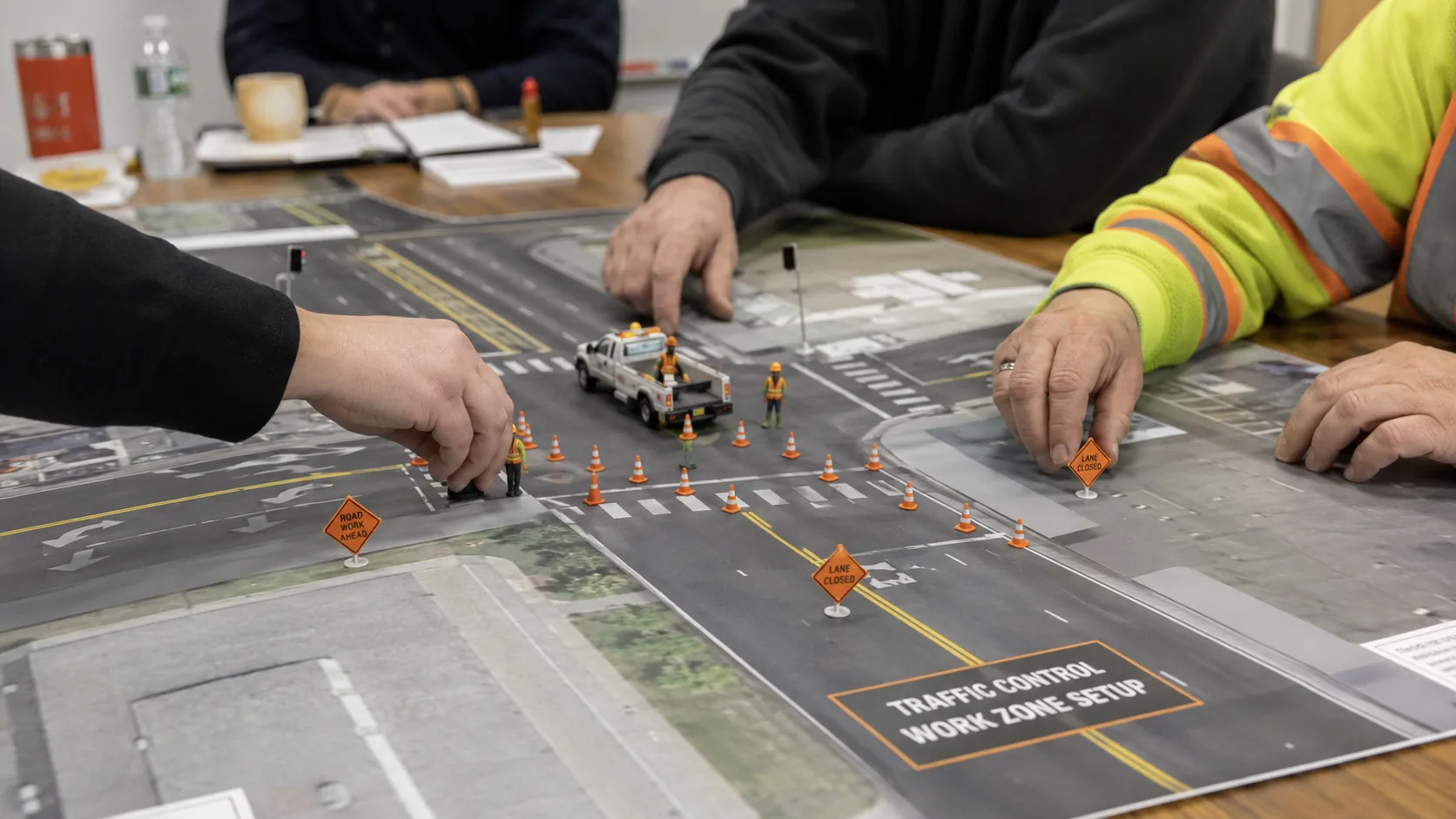 Tabletop traffic-control scenario exercise with miniature signs and vehicles